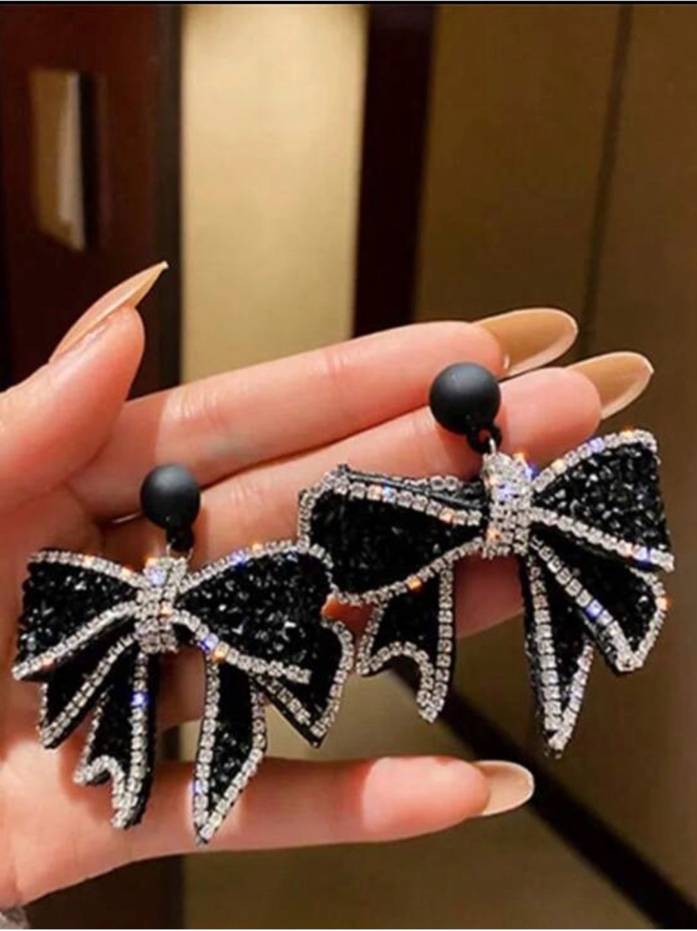 Black Crystal Bow Drop Earrings - Elegant Women's Jewelry